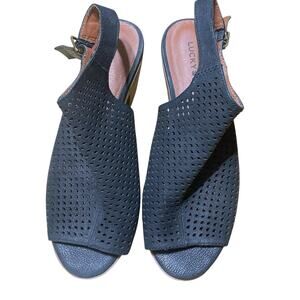 Lucky Bertel Sandals Womens 8M Black Suede Leather Block Heel Slingback Peep Toe